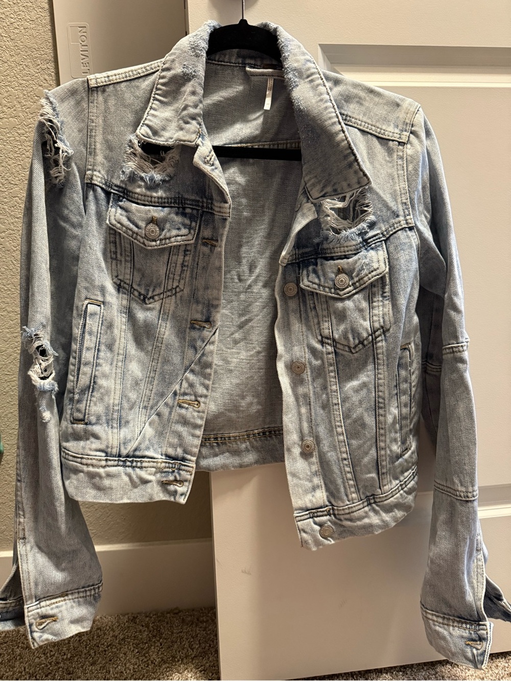 Free People Distressed Light Wash Denim Jacket - Light Blue